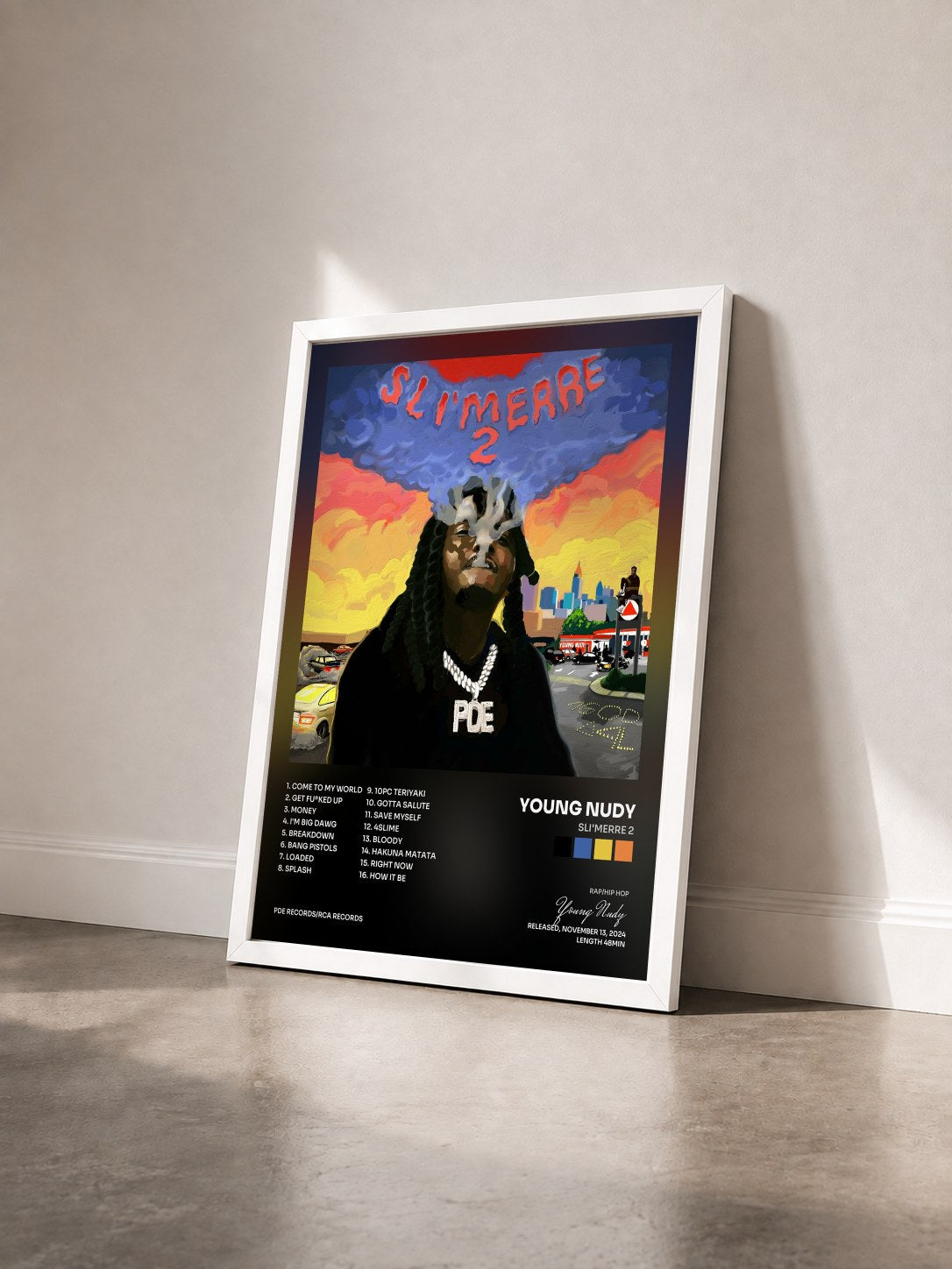 #blanc Tableau de l'album Sli'merre 2 de Young Nudy vu de trois quarts, cadre blanc