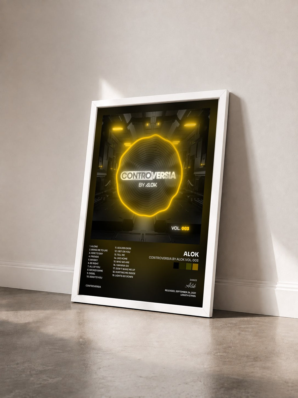#blanc Tableau de l'album CONTROVERSIA by Alok Vol. 003 de Alok vu de trois quarts, cadre blanc