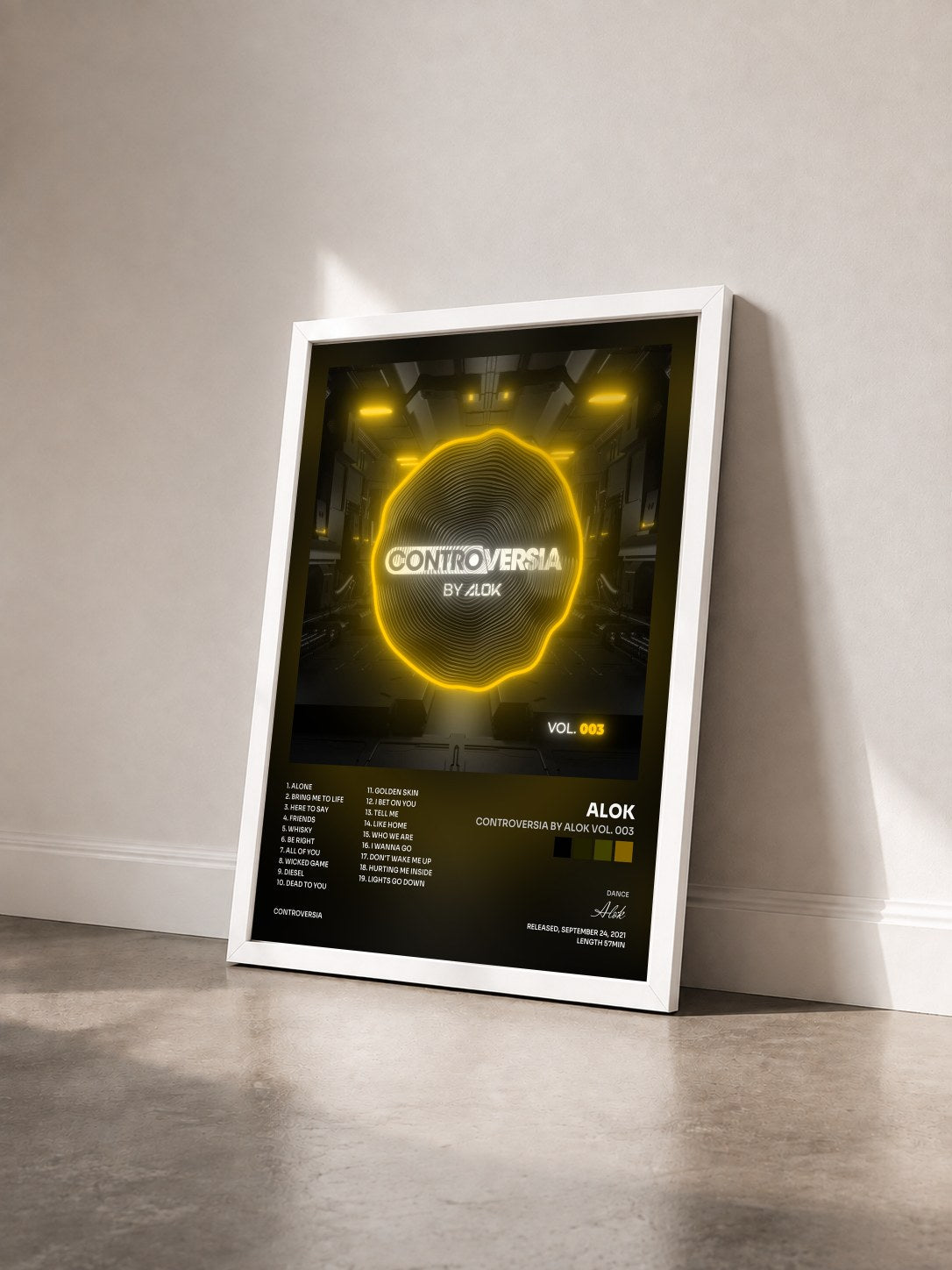#blanc Tableau de l'album CONTROVERSIA by Alok Vol. 003 de Alok vu de trois quarts, cadre blanc
