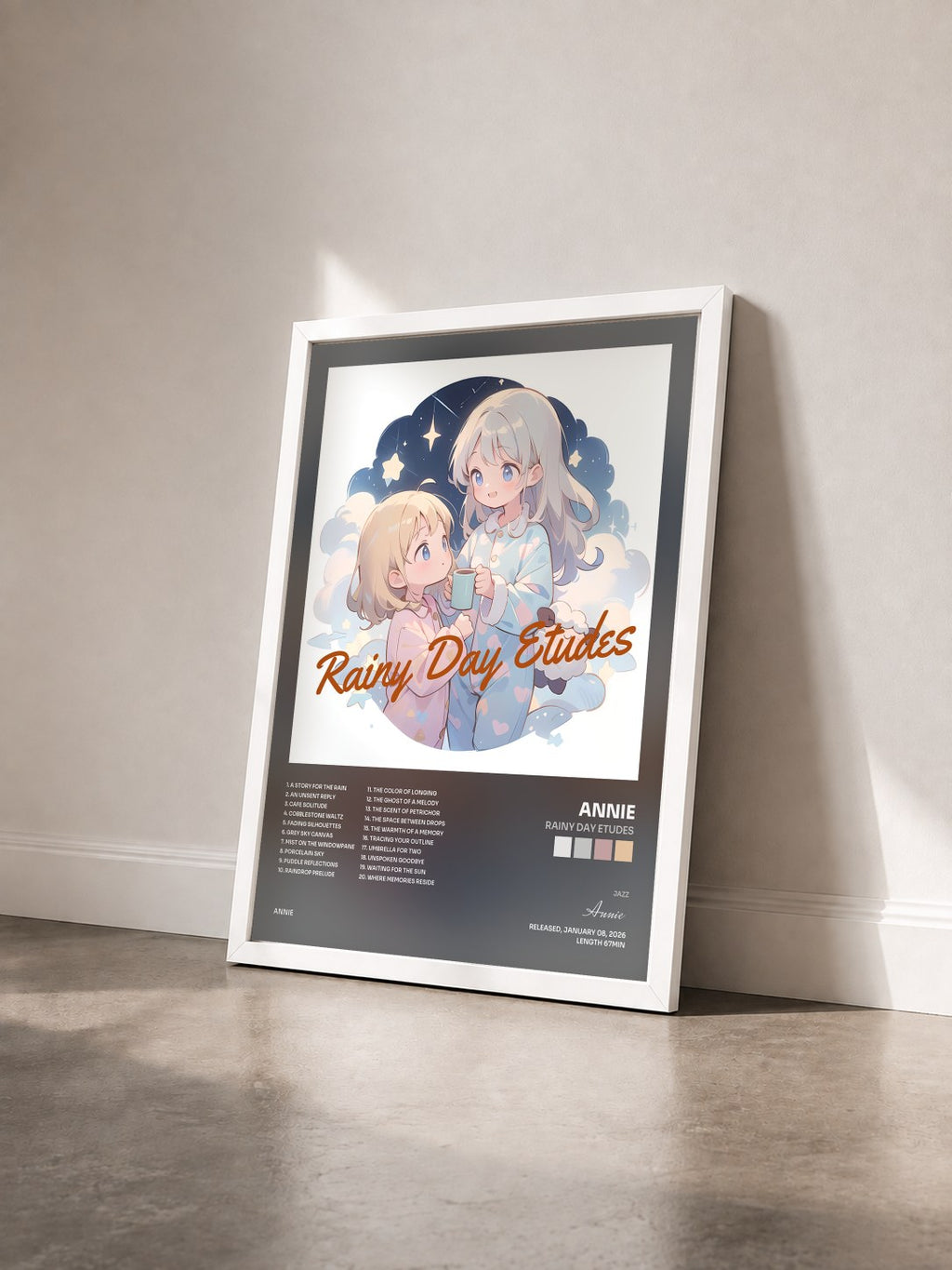 #blanc Tableau de l'album Rainy Day Etudes de Annie vu de trois quarts, cadre blanc