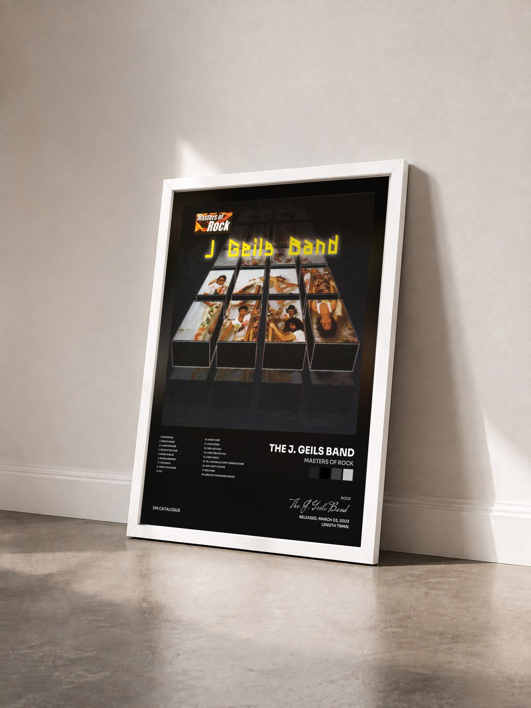 #blanc Tableau de l'album Masters Of Rock de The J. Geils Band vu de trois quarts, cadre blanc