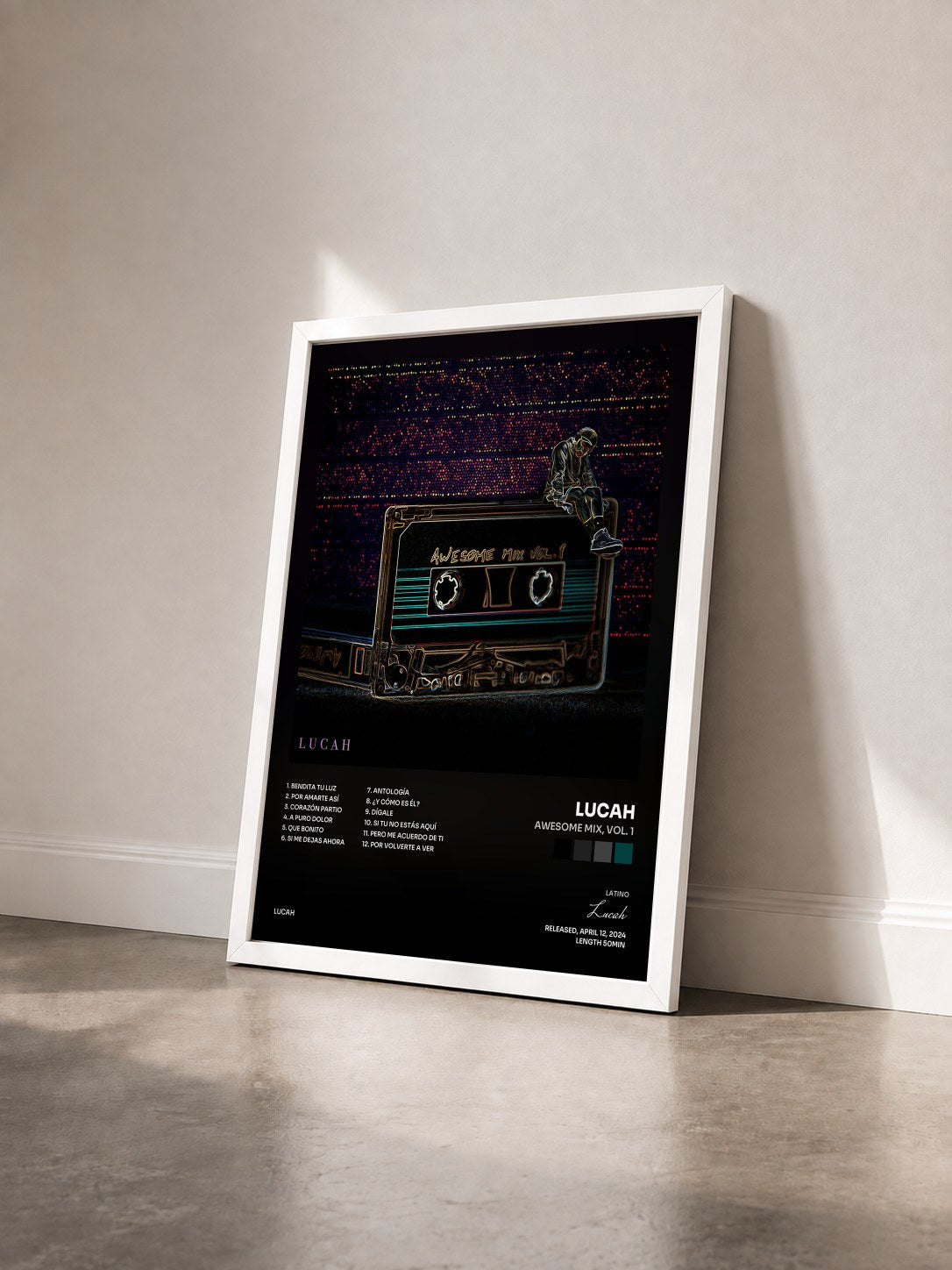 #blanc Tableau de l'album Awesome Mix, Vol. 1 de Lucah vu de trois quarts, cadre blanc