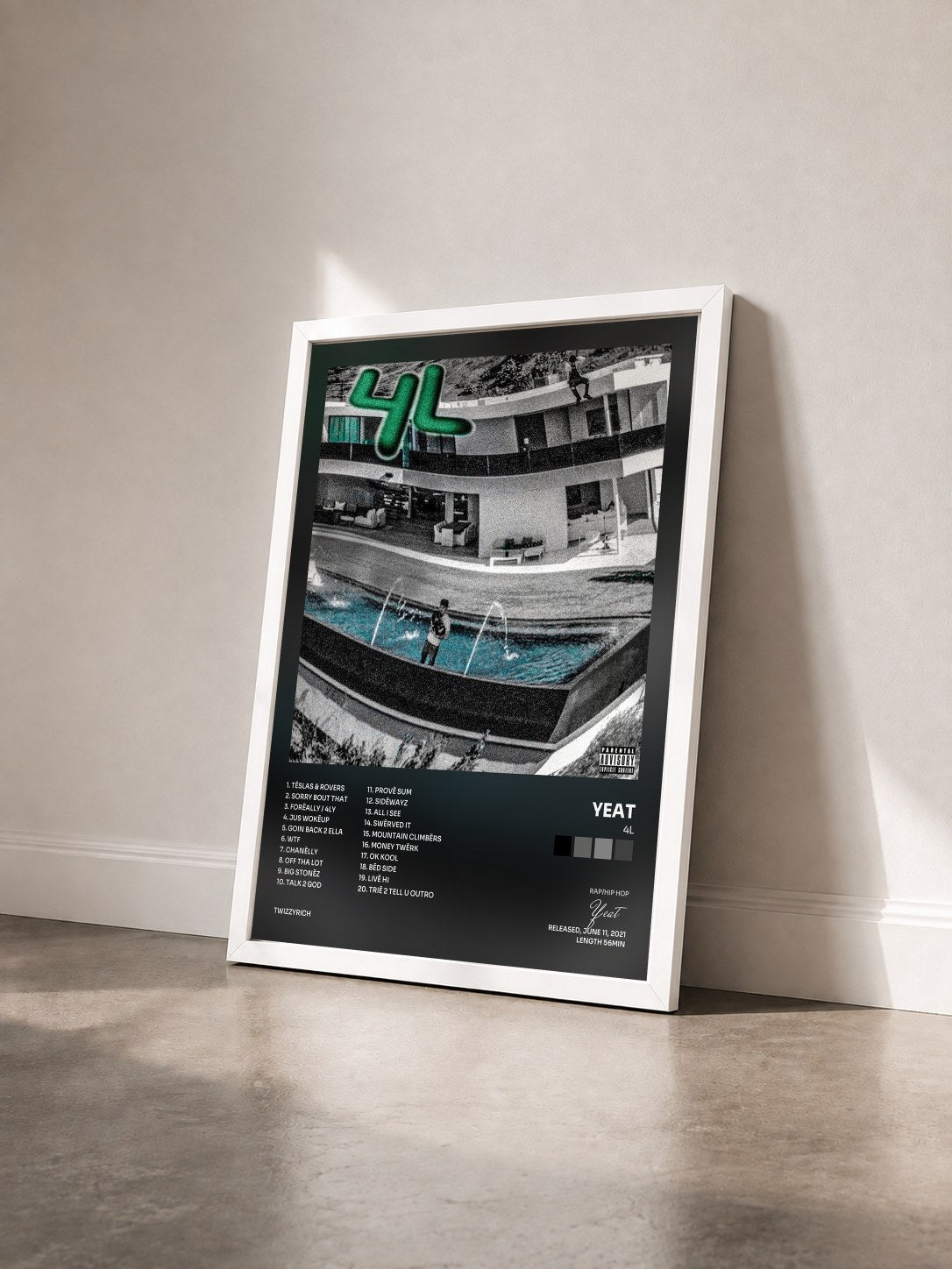 #blanc Tableau de l'album 4L de Yeat vu de trois quarts, cadre blanc
