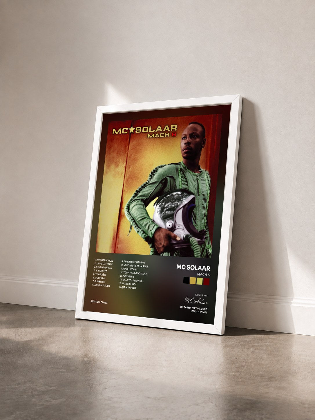 #blanc Tableau de l'album Mach 6 de MC Solaar vu de trois quarts, cadre blanc
