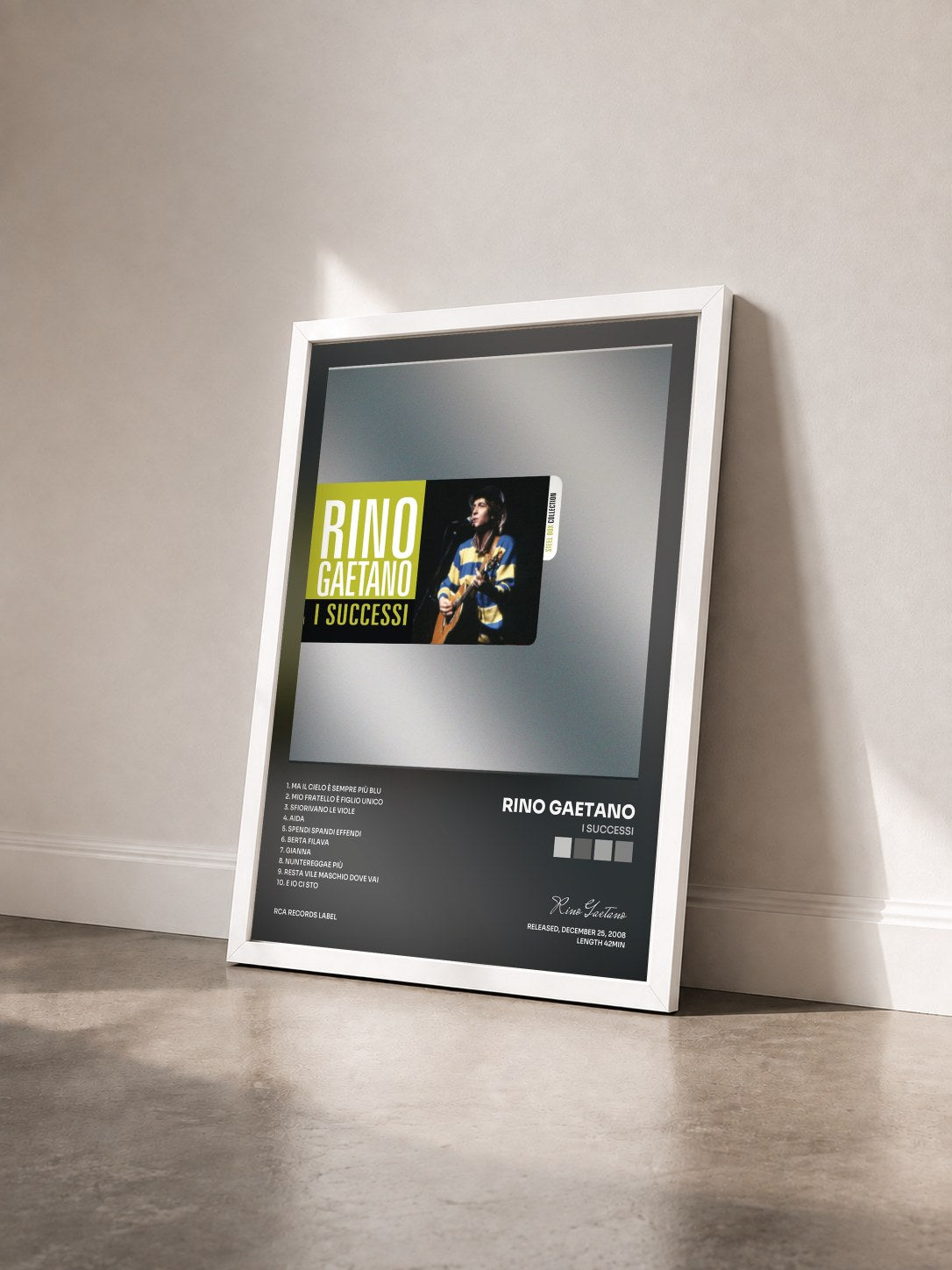 #blanc Tableau de l'album I Successi de Rino Gaetano vu de trois quarts, cadre blanc