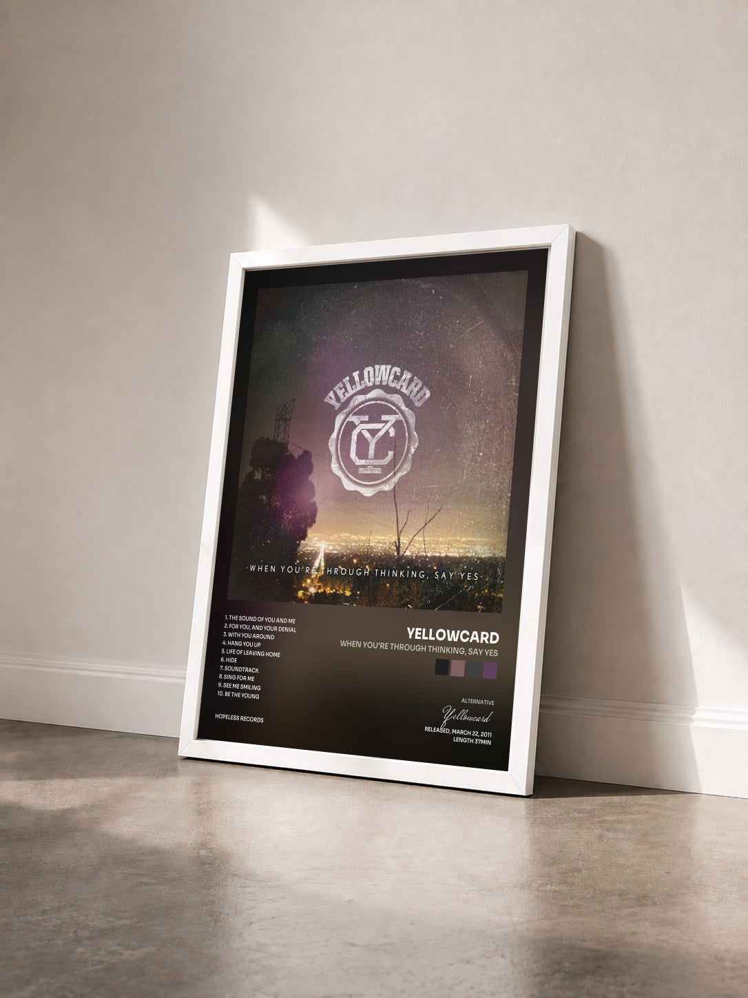 #blanc Tableau de l'album When You're Through Thinking, Say Yes de Yellowcard vu de trois quarts, cadre blanc