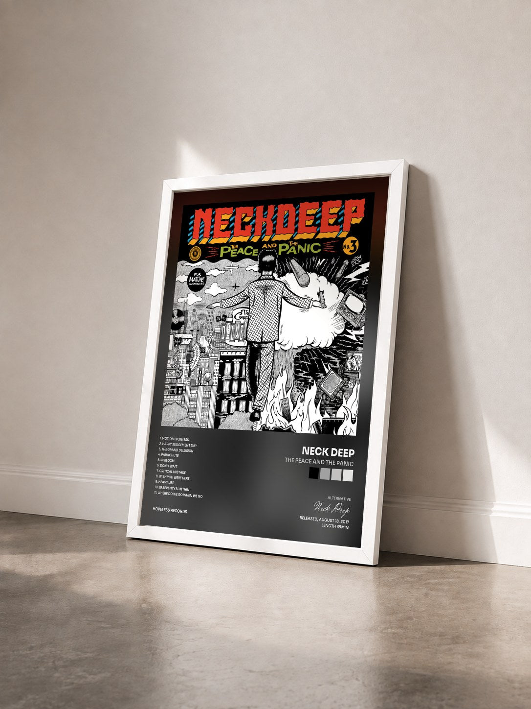#blanc Tableau de l'album The Peace And The Panic de Neck Deep vu de trois quarts, cadre blanc
