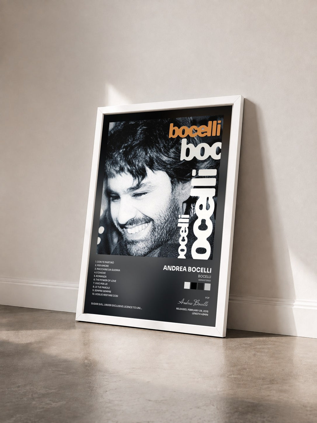 #blanc Tableau de l'album Bocelli (Remastered) de Andrea Bocelli vu de trois quarts, cadre blanc