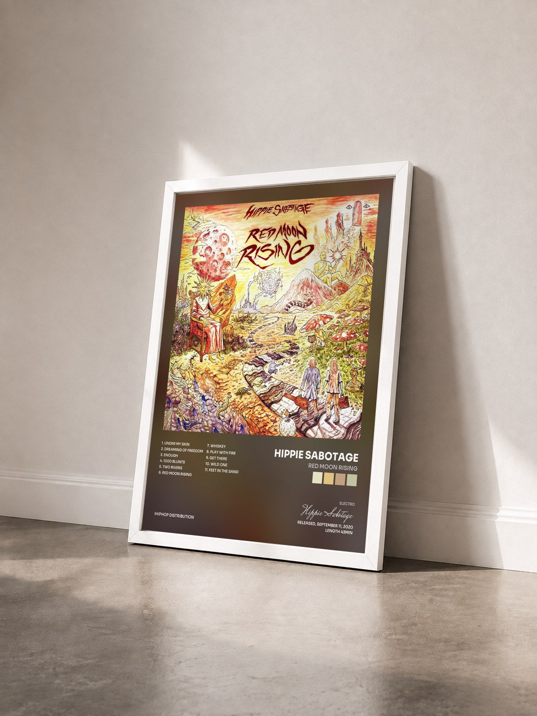 #blanc Tableau de l'album Red Moon Rising de Hippie Sabotage vu de trois quarts, cadre blanc