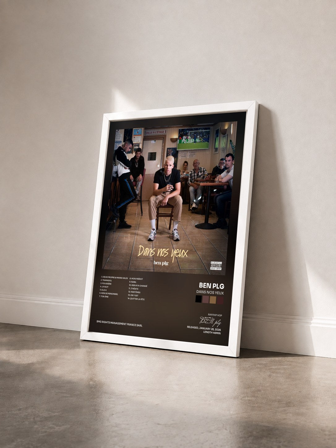 #blanc Tableau de l'album Dans nos yeux de BEN plg vu de trois quarts, cadre blanc