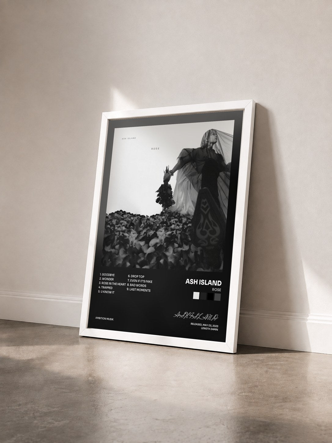 #blanc Tableau de l'album ROSE de ASH ISLAND vu de trois quarts, cadre blanc