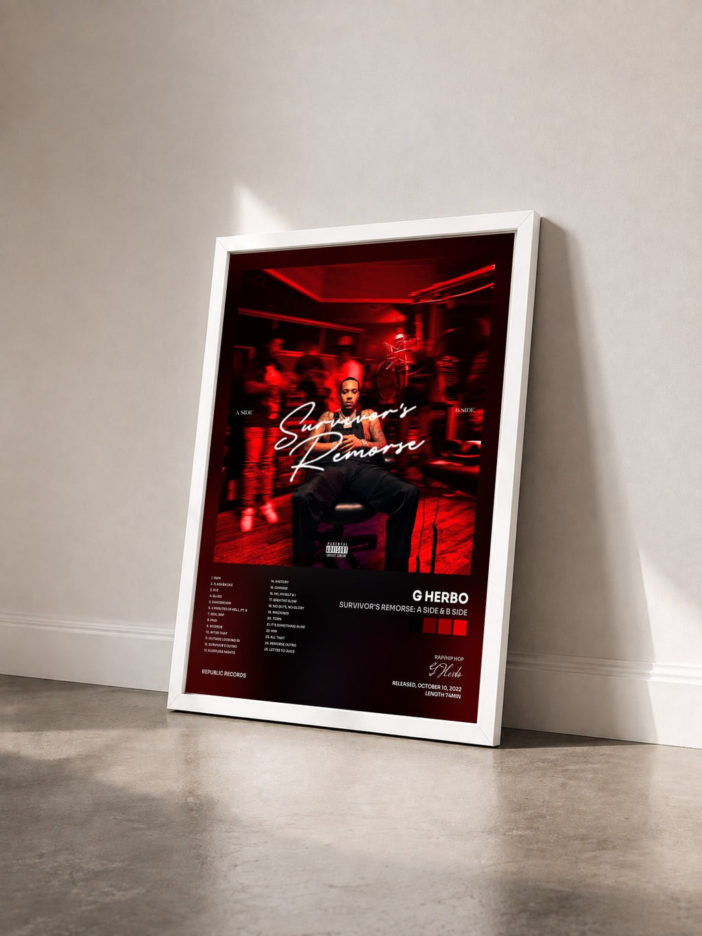 #blanc Tableau de l'album Survivor's Remorse: A Side & B Side de G Herbo vu de trois quarts, cadre blanc