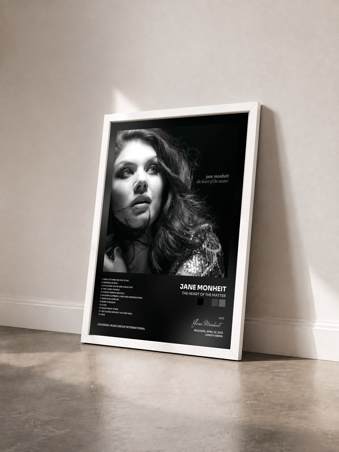 #blanc Tableau de l'album The Heart Of The Matter de Jane Monheit vu de trois quarts, cadre blanc