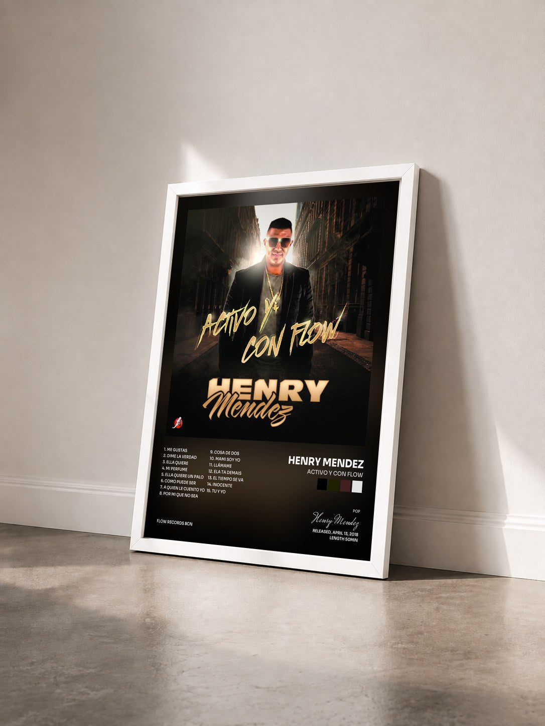 #blanc Tableau de l'album Activo y Con Flow de Henry Mendez vu de trois quarts, cadre blanc