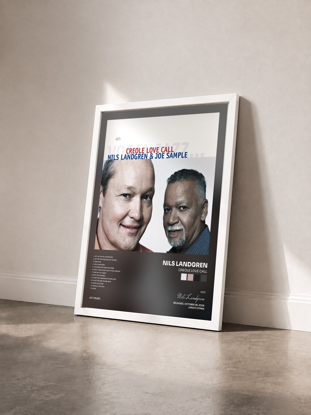 #blanc Tableau de l'album Creole Love Call de Nils Landgren vu de trois quarts, cadre blanc