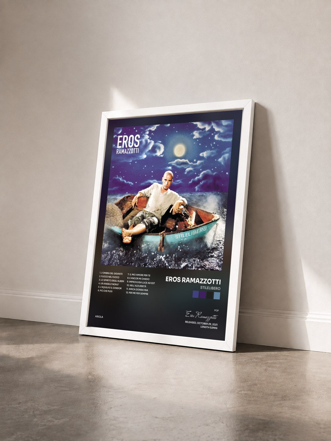 #blanc Tableau de l'album Stilelibero de Eros Ramazzotti vu de trois quarts, cadre blanc