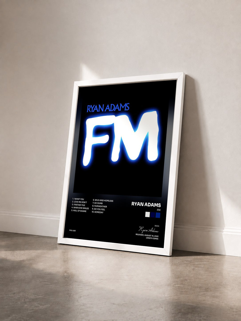#blanc FM by Ryan Adams as a framed art print seen at an angle, white frame