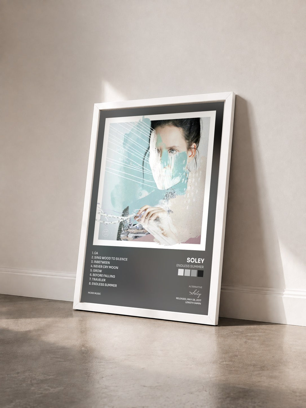 #blanc Tableau de l'album Endless Summer de Soley vu de trois quarts, cadre blanc