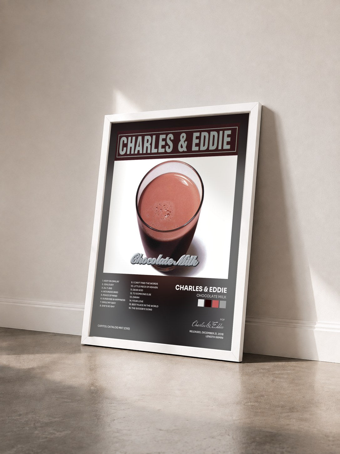 #blanc Tableau de l'album Chocolate Milk de Charles & Eddie vu de trois quarts, cadre blanc