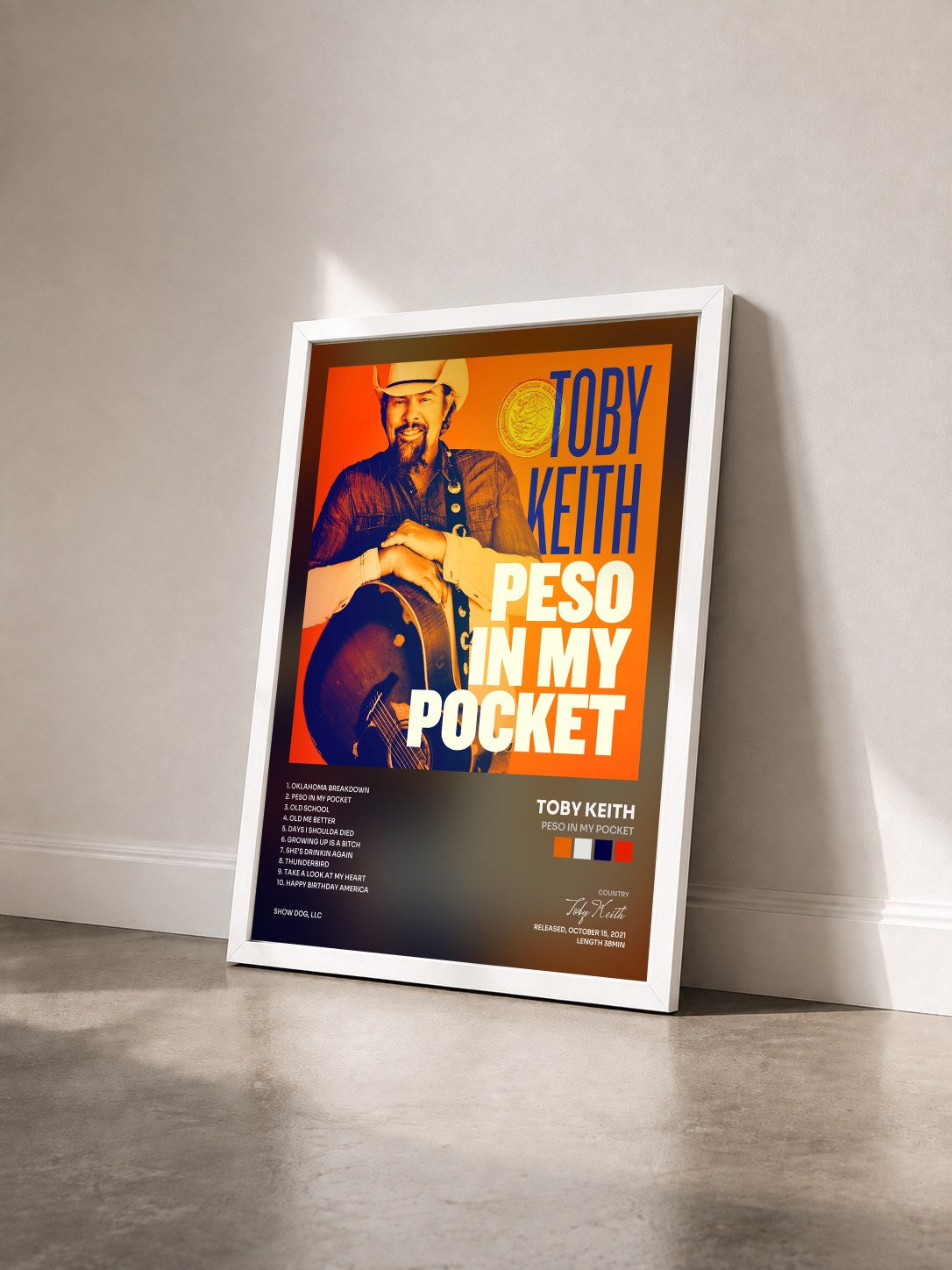 #blanc Tableau de l'album Peso in My Pocket de Toby Keith vu de trois quarts, cadre blanc