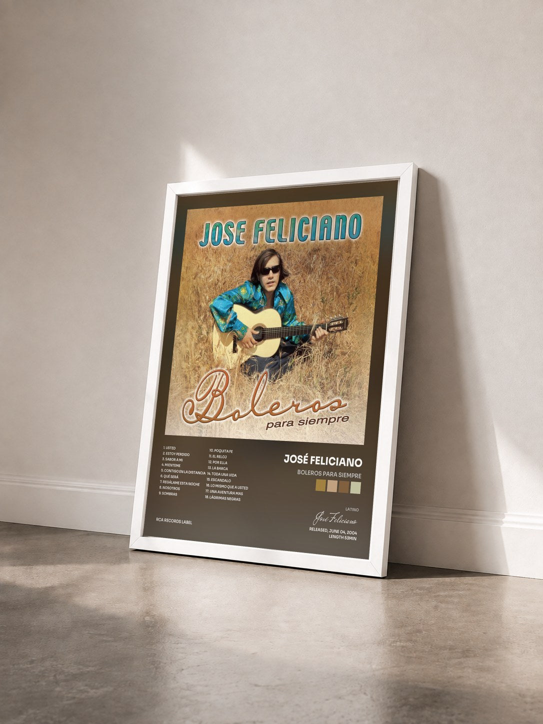 #blanc Tableau de l'album Boleros Para Siempre de José Feliciano vu de trois quarts, cadre blanc