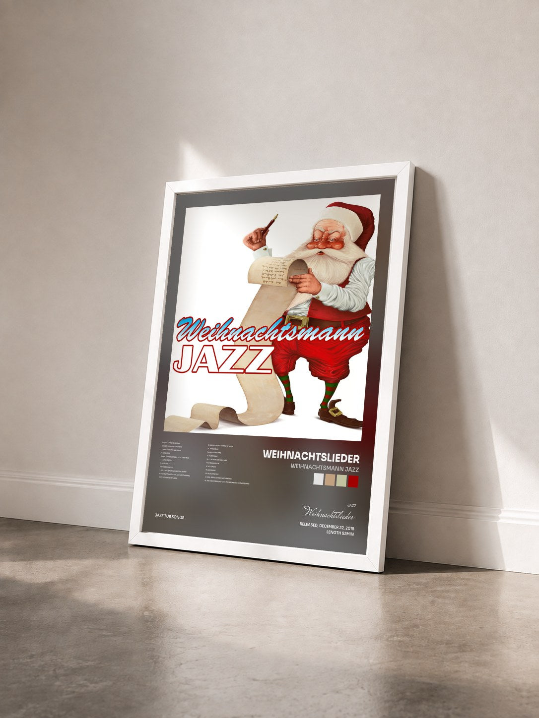 #blanc Tableau de l'album Weihnachtsmann Jazz de Weihnachtslieder vu de trois quarts, cadre blanc