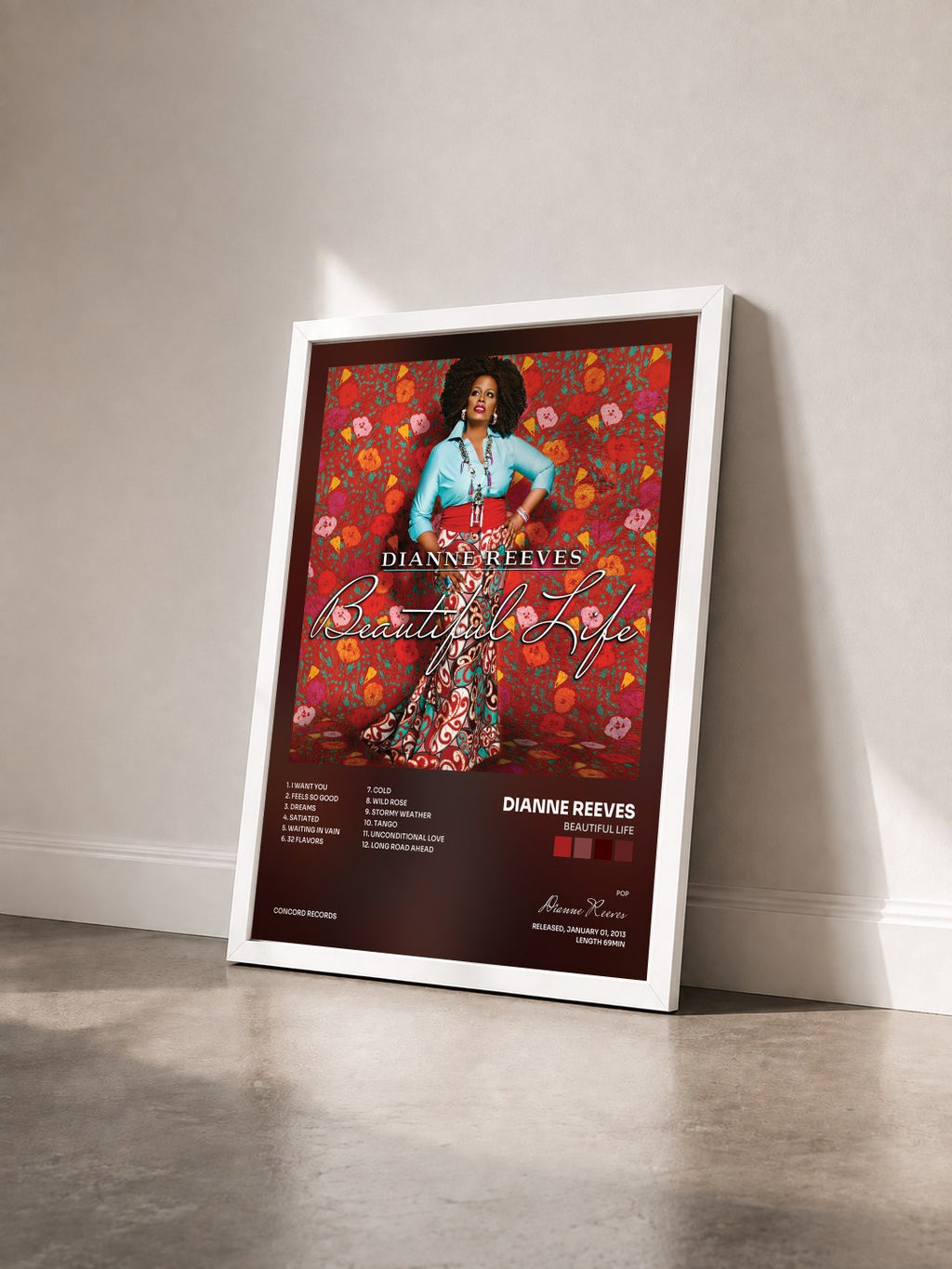 #blanc Tableau de l'album Beautiful Life de Dianne Reeves vu de trois quarts, cadre blanc