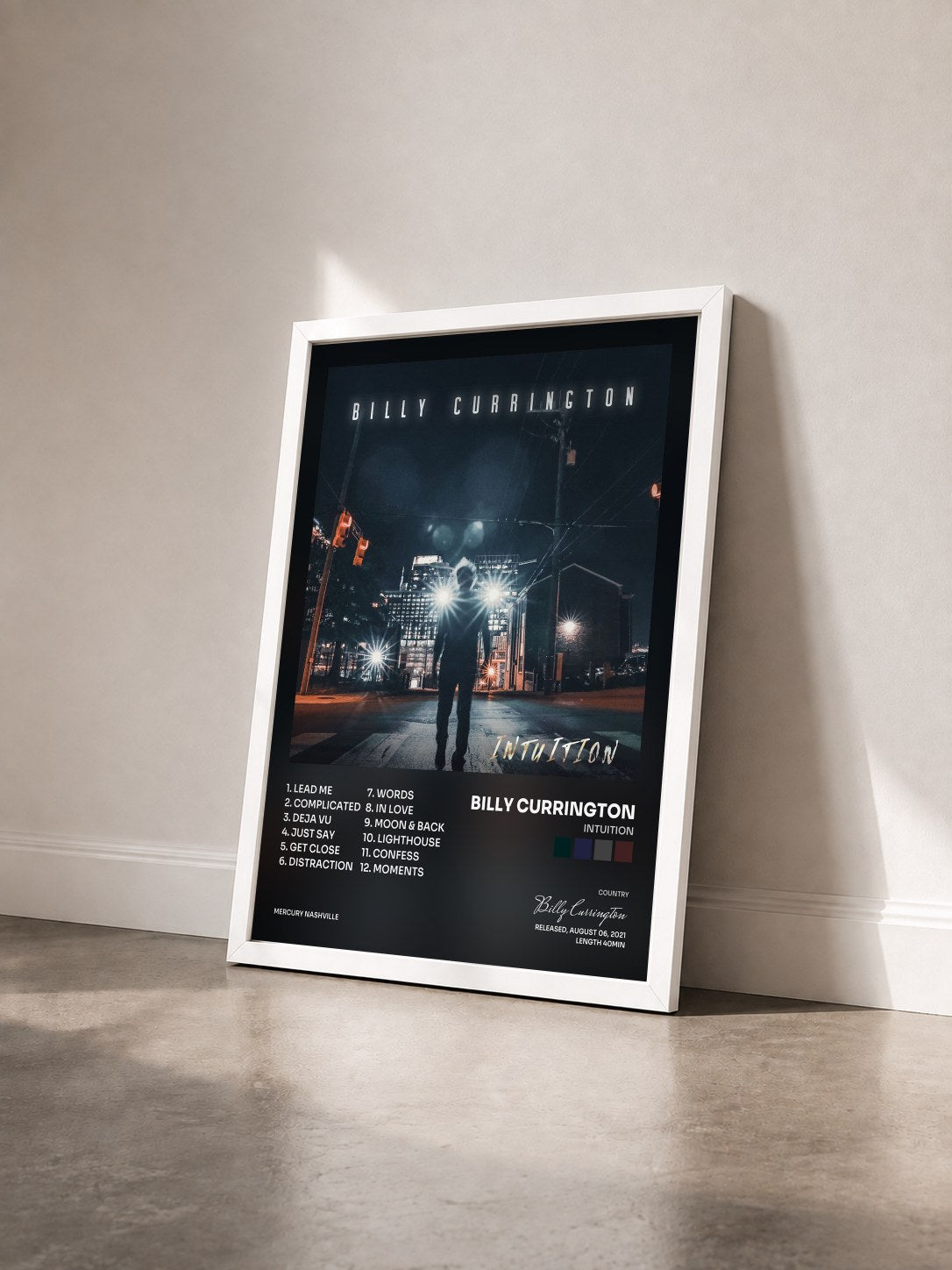 #blanc Tableau de l'album Intuition de Billy Currington vu de trois quarts, cadre blanc