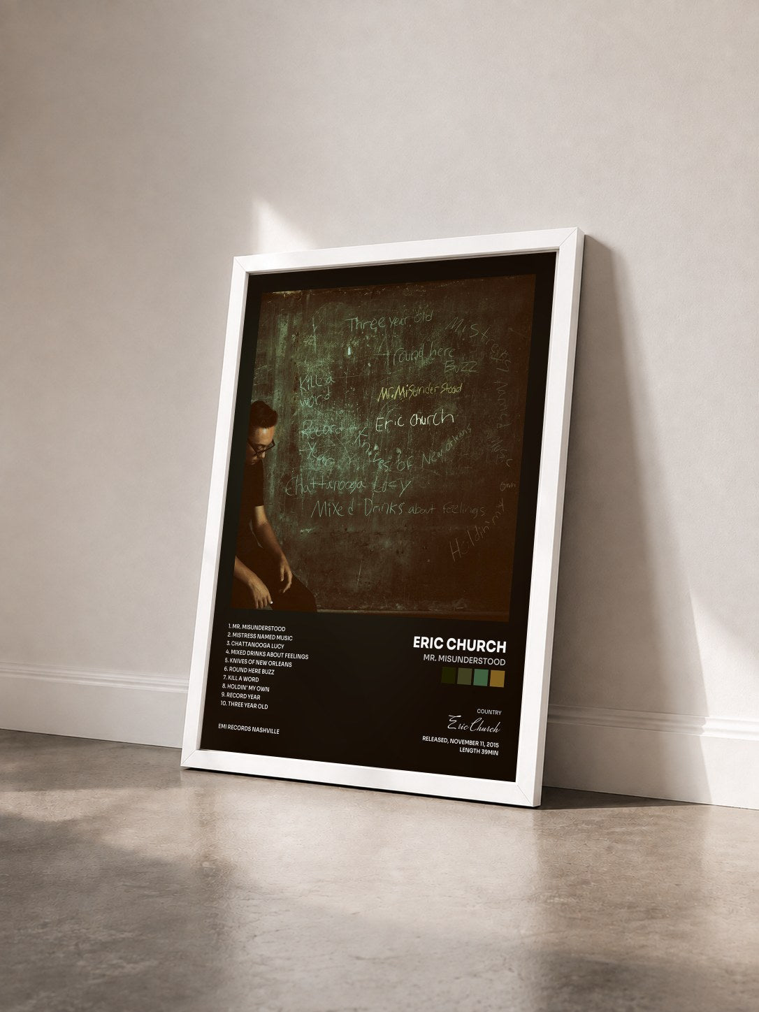 #blanc Tableau de l'album Mr. Misunderstood de Eric Church vu de trois quarts, cadre blanc