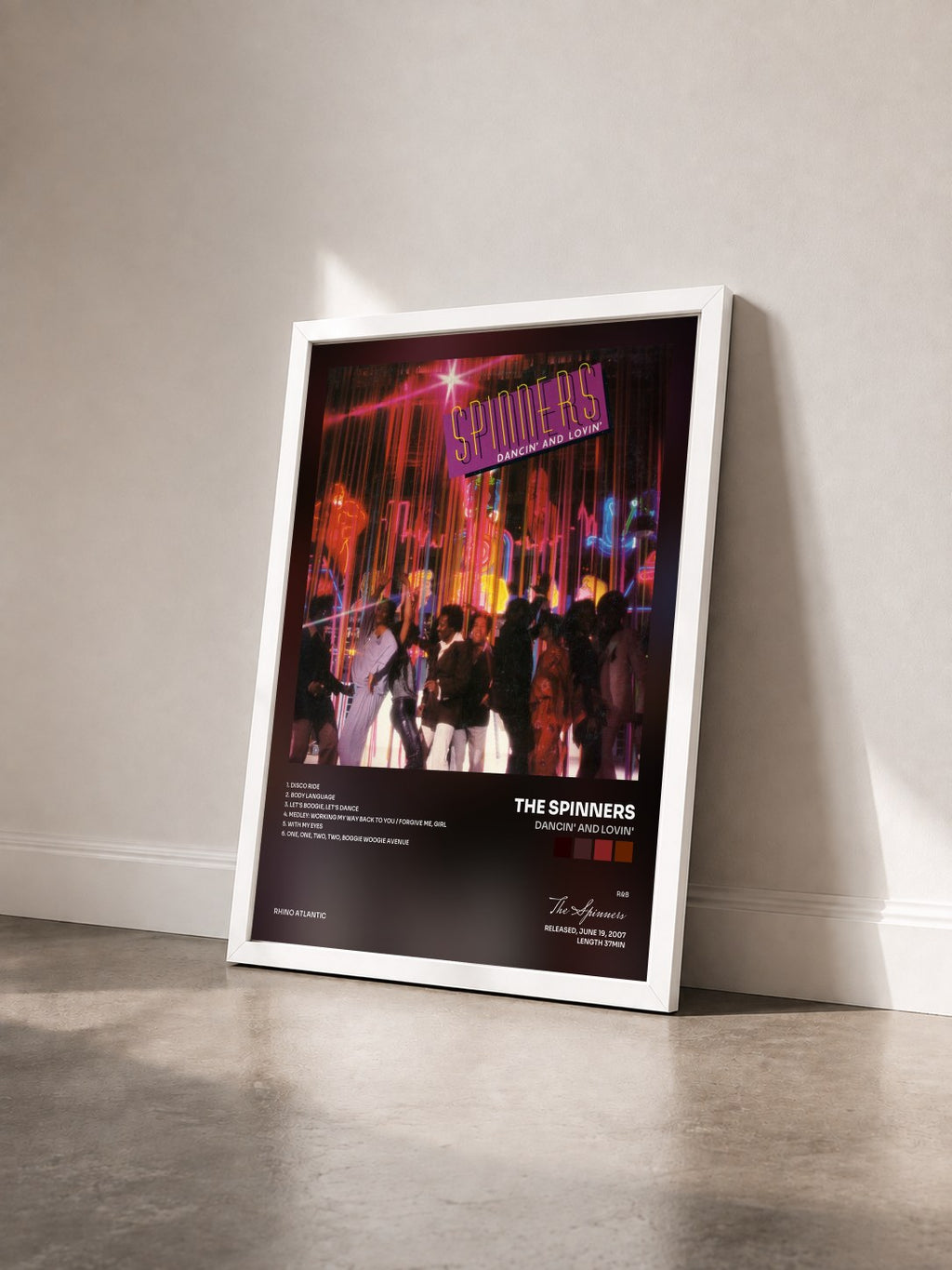 #blanc Dancin' and Lovin' by The Spinners as a framed art print seen at an angle, white frame