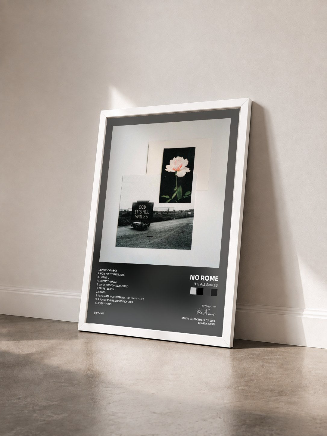 #blanc Tableau de l'album It's All Smiles de No Rome vu de trois quarts, cadre blanc