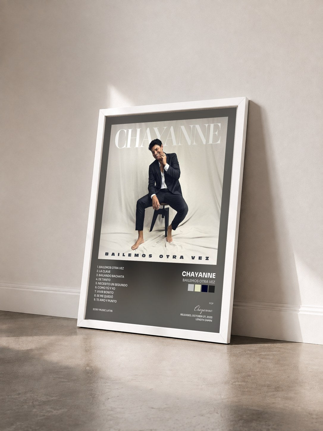 #blanc Tableau de l'album Bailemos Otra Vez de Chayanne vu de trois quarts, cadre blanc