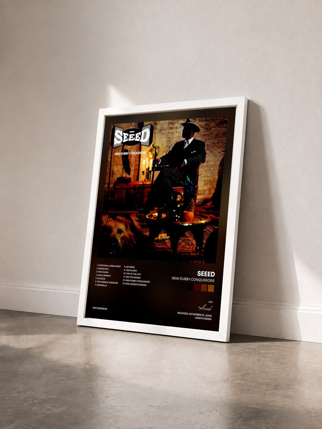 #blanc New Dubby Conquerors by Seeed as a framed art print seen at an angle, white frame