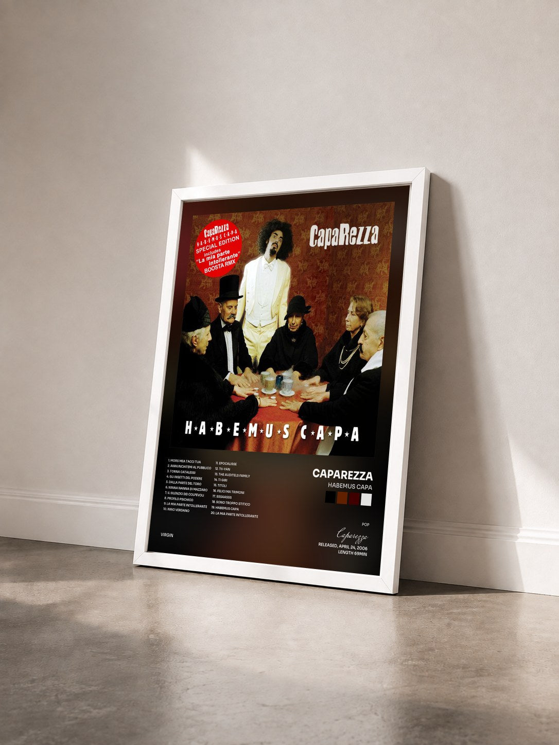 #blanc Tableau de l'album Habemus Capa de Caparezza vu de trois quarts, cadre blanc
