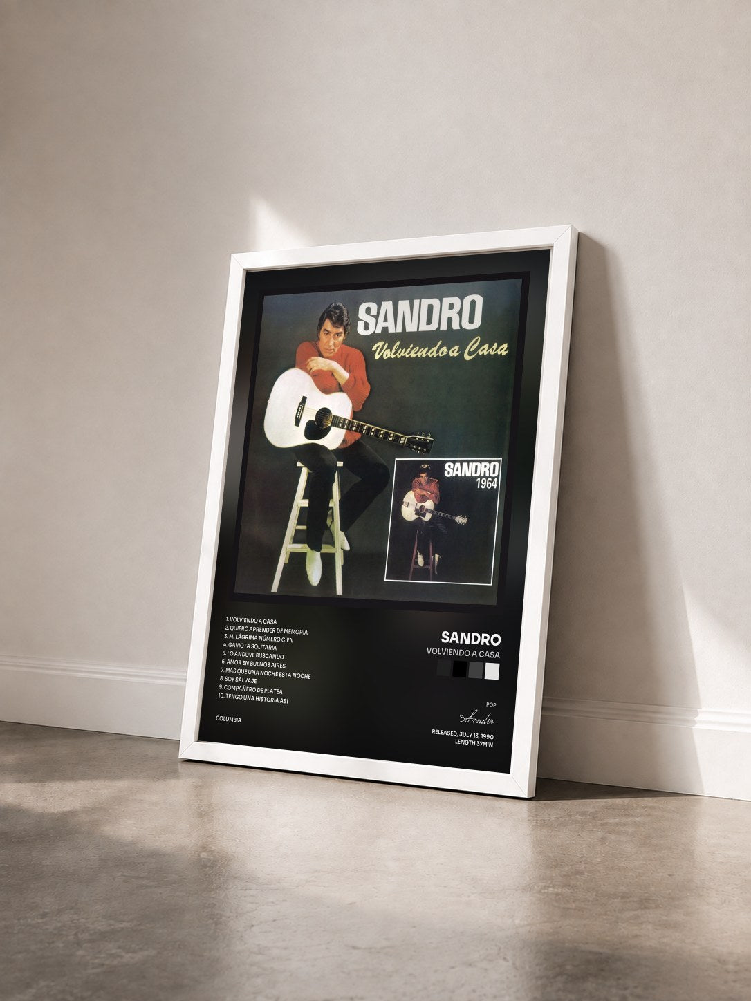 #blanc Tableau de l'album Volviendo a Casa de Sandro vu de trois quarts, cadre blanc