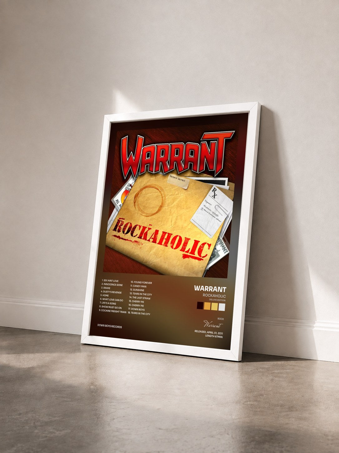#blanc Tableau de l'album Rockaholic (Deluxe Edition) de Warrant vu de trois quarts, cadre blanc