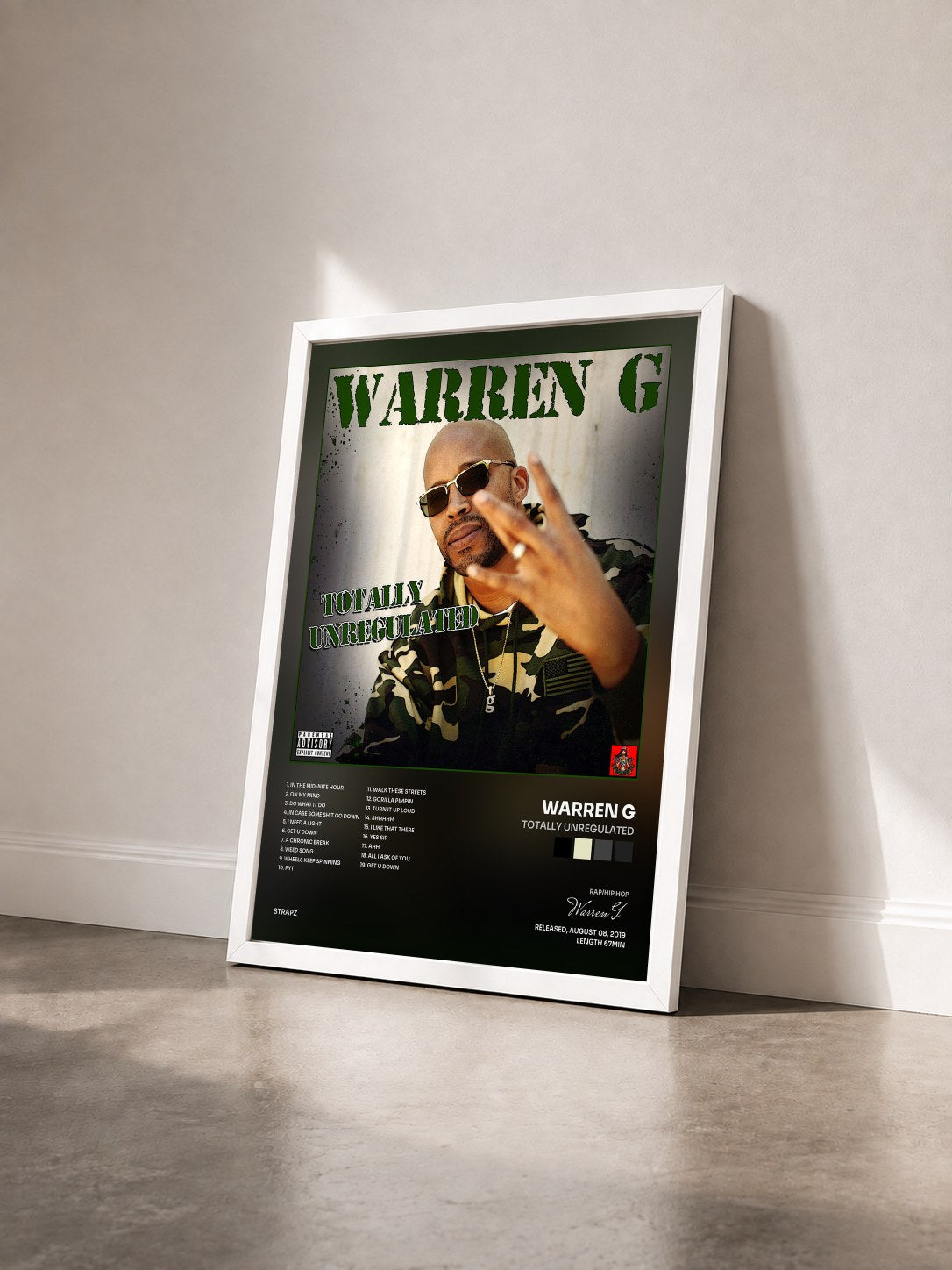 #blanc Tableau de l'album Totally Unregulated de Warren G vu de trois quarts, cadre blanc
