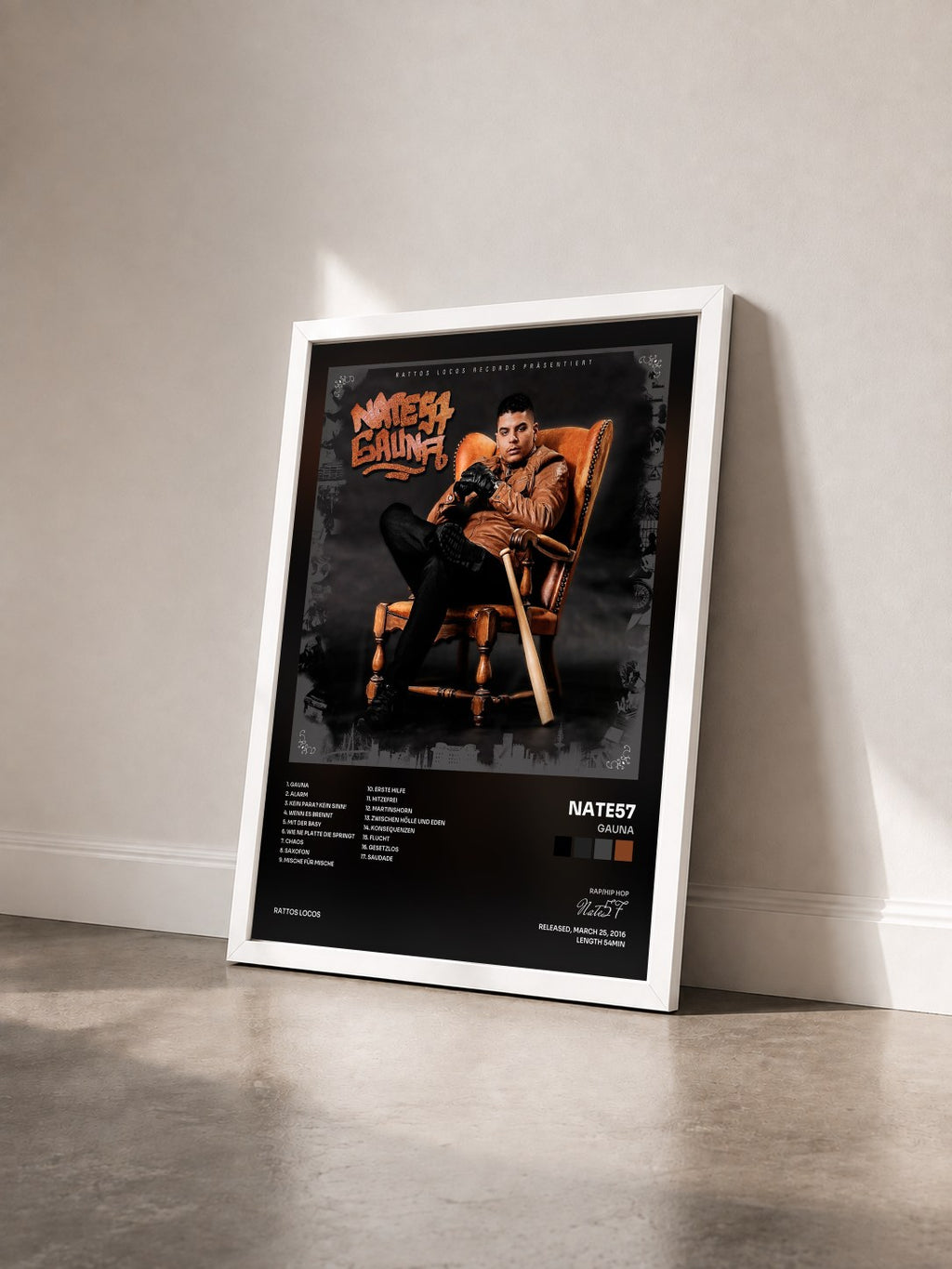 #blanc Tableau de l'album Gauna de Nate57 vu de trois quarts, cadre blanc