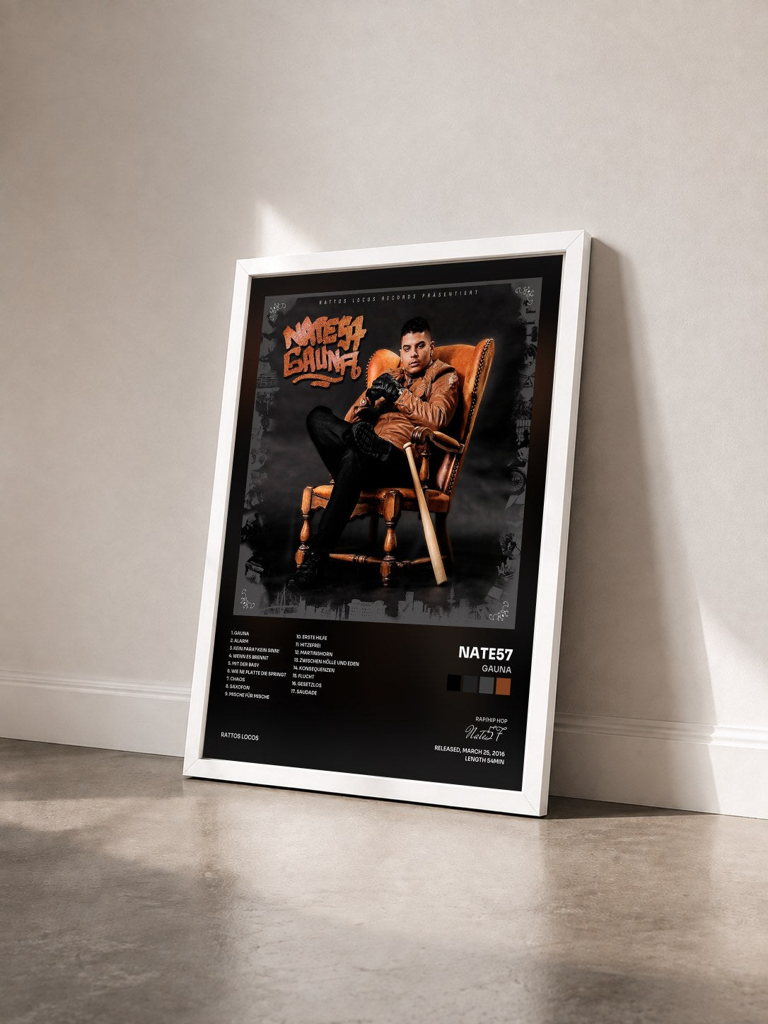 #blanc Tableau de l'album Gauna de Nate57 vu de trois quarts, cadre blanc