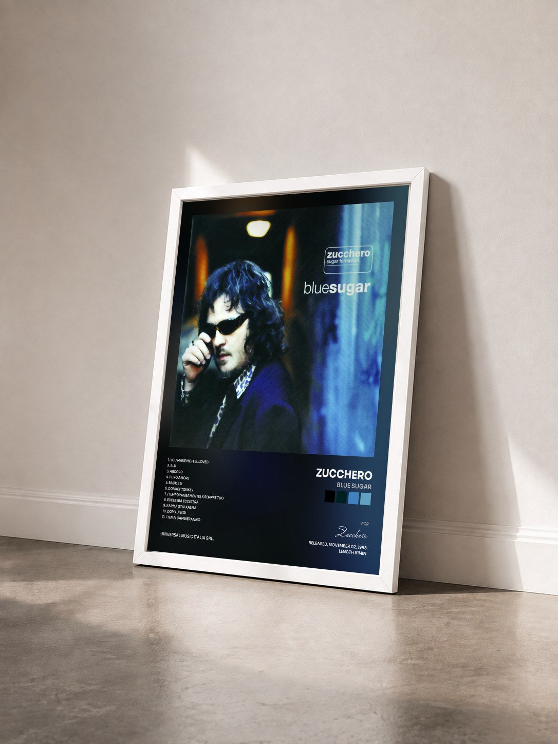 #blanc Tableau de l'album Blue Sugar de Zucchero vu de trois quarts, cadre blanc