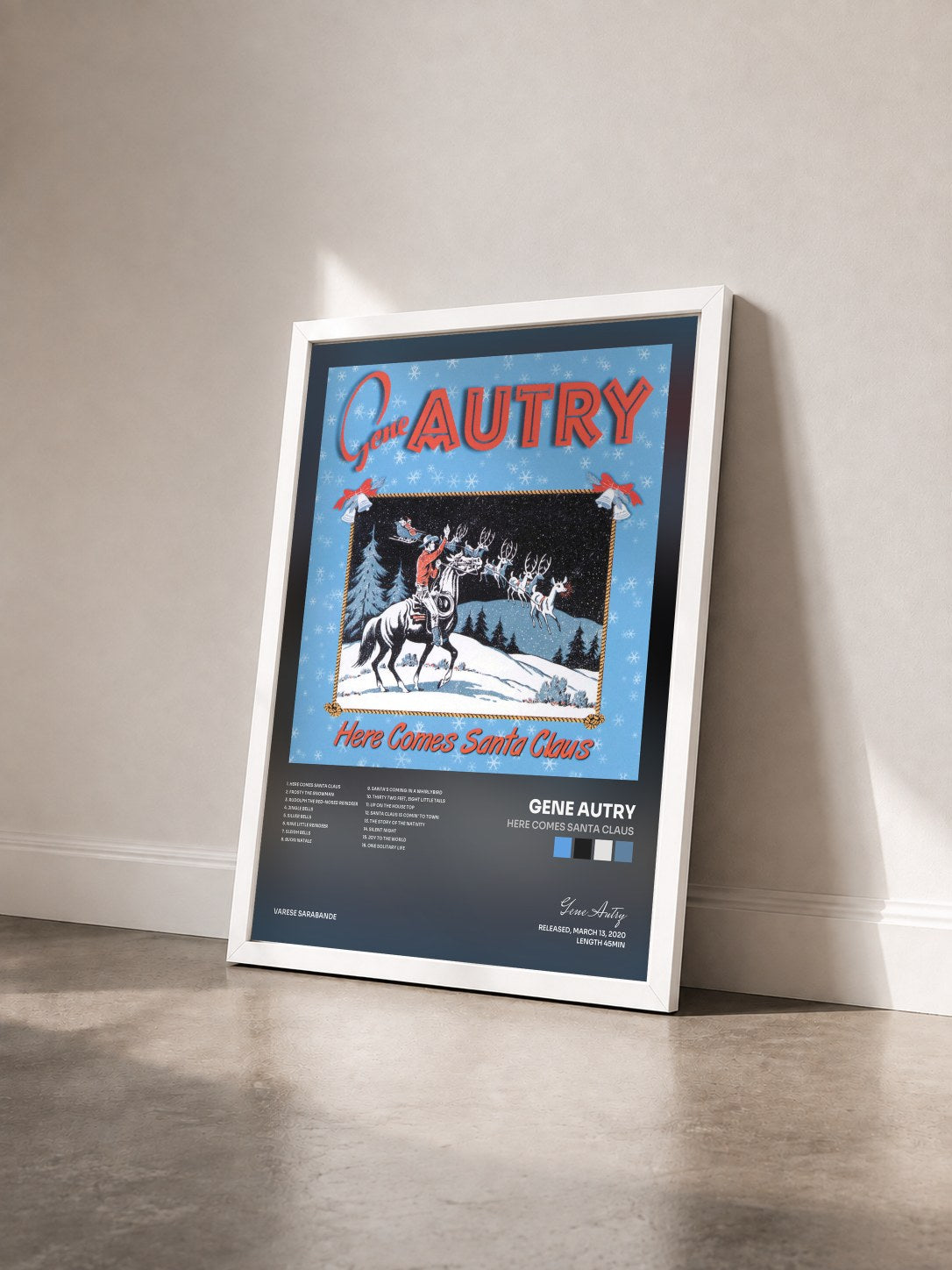 #blanc Tableau de l'album Here Comes Santa Claus de Gene Autry vu de trois quarts, cadre blanc