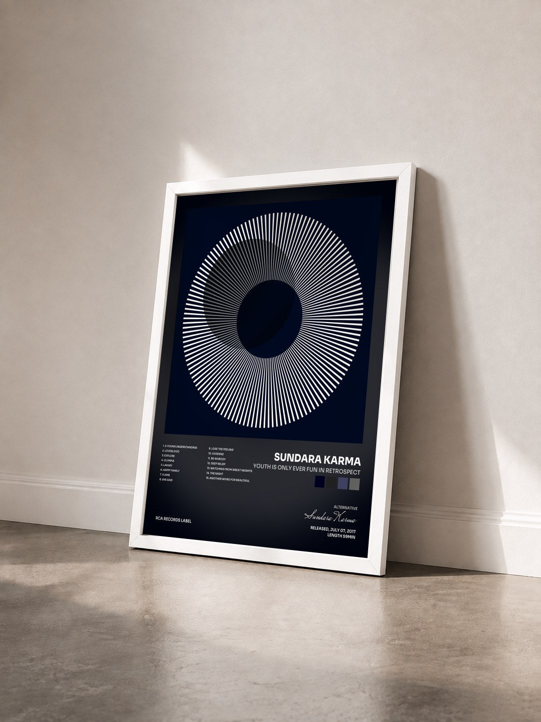 #blanc Tableau de l'album Youth is Only Ever Fun in Retrospect de Sundara Karma vu de trois quarts, cadre blanc