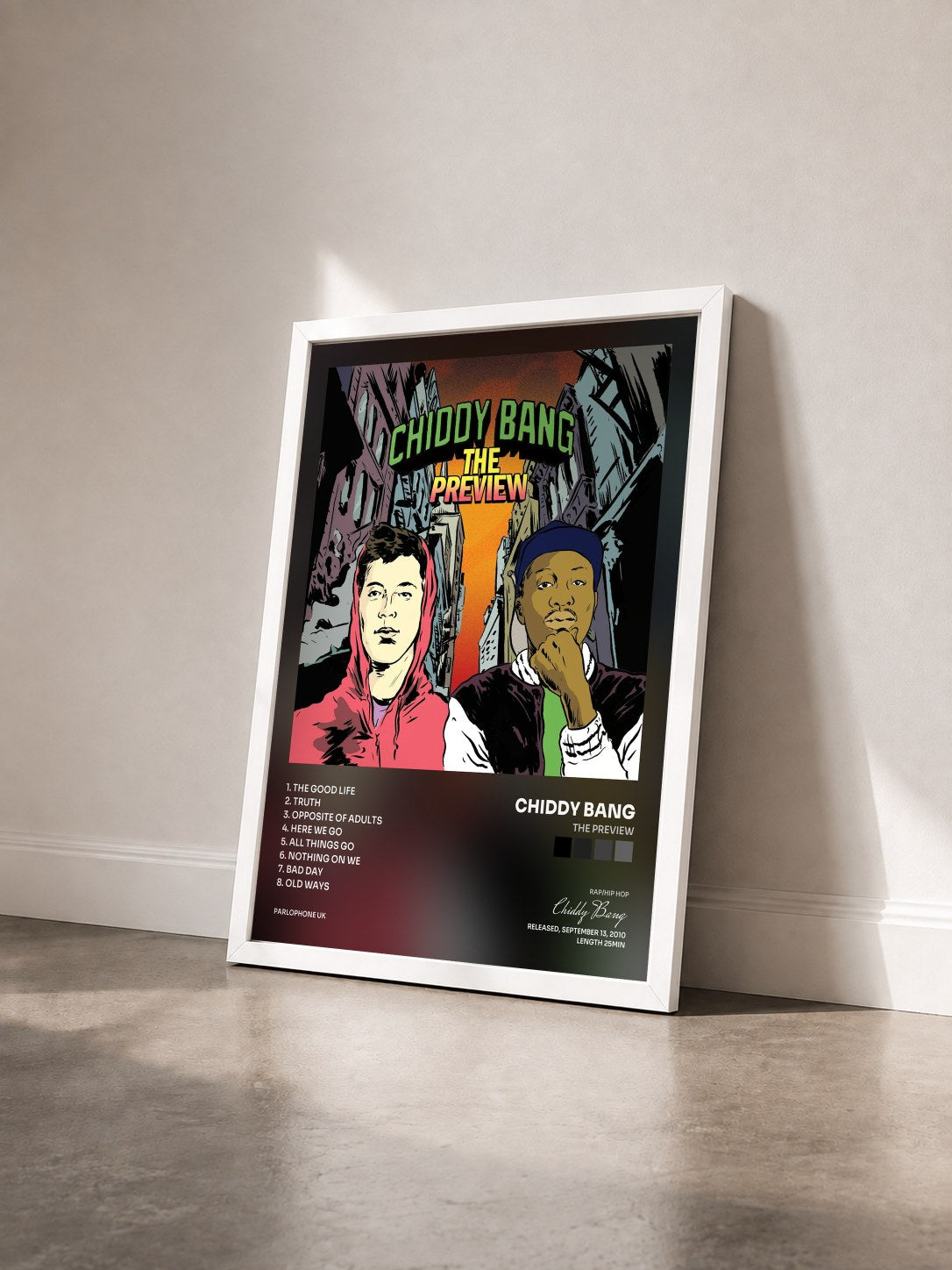 #blanc Tableau de l'album The Preview de Chiddy Bang vu de trois quarts, cadre blanc