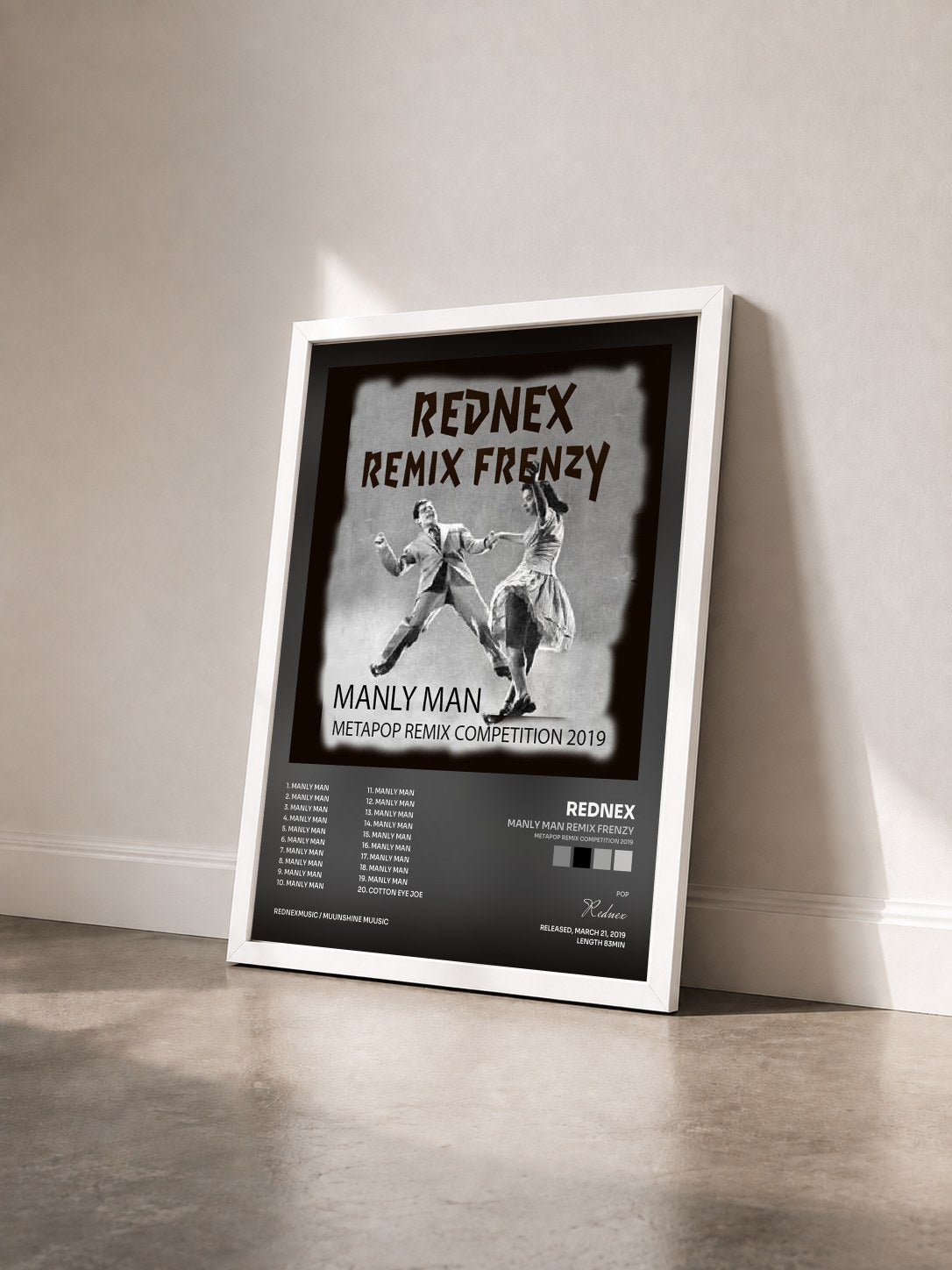 #blanc Tableau de l'album Manly Man Remix Frenzy (Metapop Remix Competition 2019) de Rednex vu de trois quarts, cadre blanc