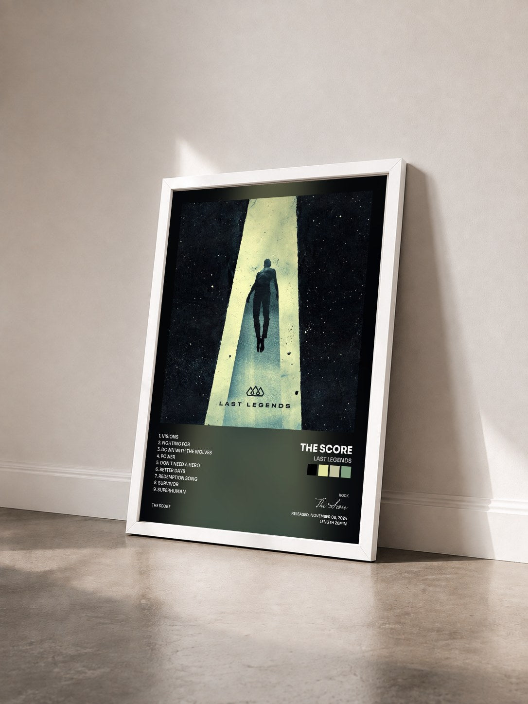 #blanc Tableau de l'album Last Legends de The Score vu de trois quarts, cadre blanc