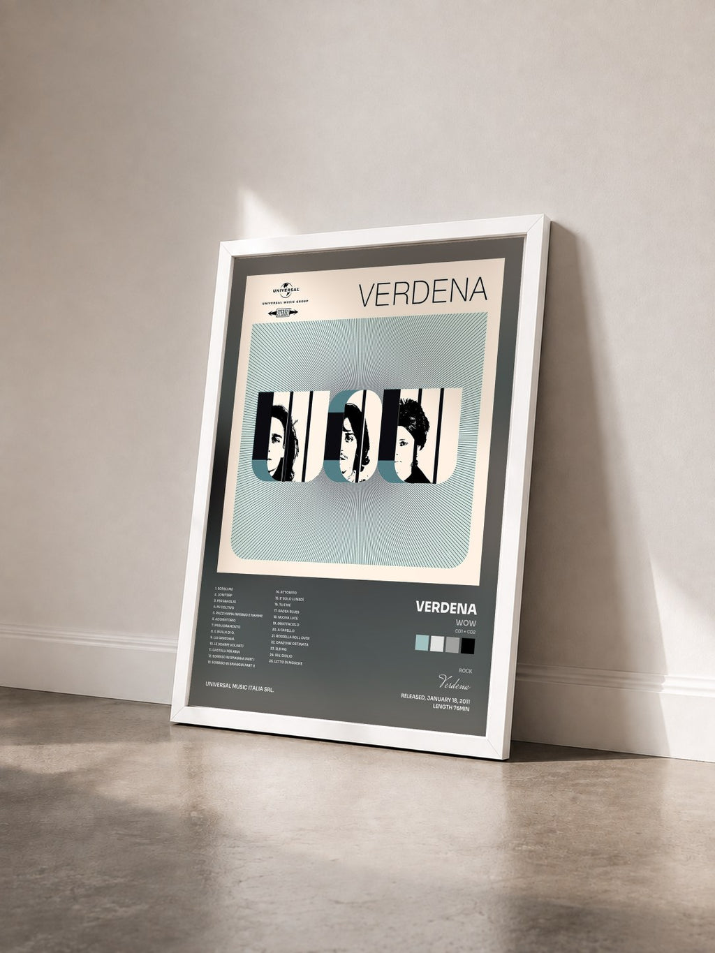 #blanc Wow (CD1 + CD2) by Verdena as a framed art print seen at an angle, white frame