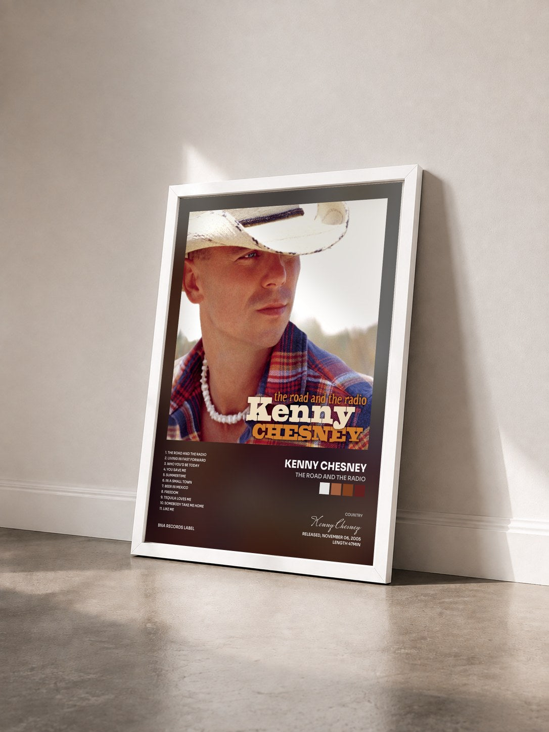 #blanc Tableau de l'album The Road And The Radio de Kenny Chesney vu de trois quarts, cadre blanc