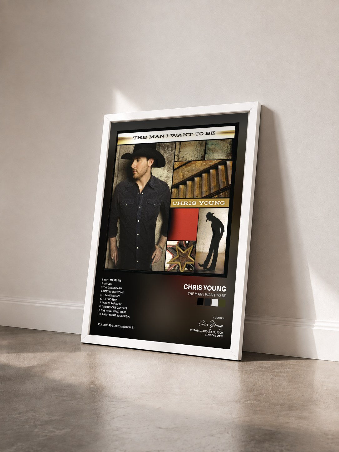 #blanc Tableau de l'album The Man I Want To Be de Chris Young vu de trois quarts, cadre blanc