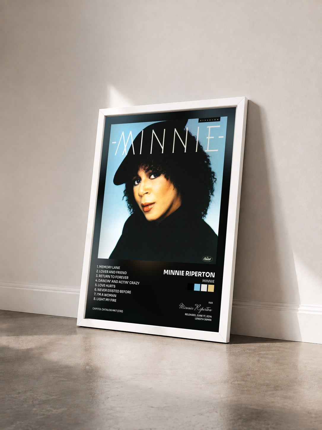 #blanc Tableau de l'album Minnie de Minnie Riperton vu de trois quarts, cadre blanc