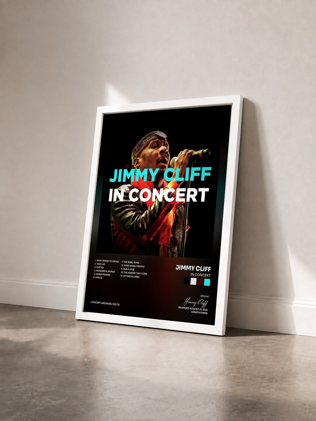 #blanc Tableau de l'album In Concert de Jimmy Cliff vu de trois quarts, cadre blanc